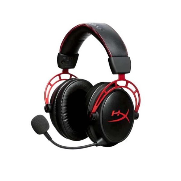 auriculares hyperx cloud alpha logo y metales de sujecion de color rojo en vista lateral