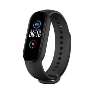 smartwatch xiaomi mi band 5 vista lateral con pantalla encendida en un fondo blanco