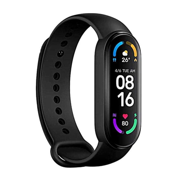 reloj inteligente xiaomi mi band 6 negro sobre un fondo blanco
