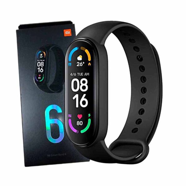 smartwatch xiaomi mi band 6 junto a su caja original sobre un fondo blanco