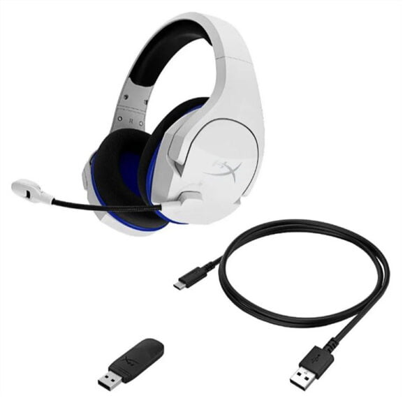 auriculares hyperx cloud stinger white con sus complementos sobre un fondo blanco